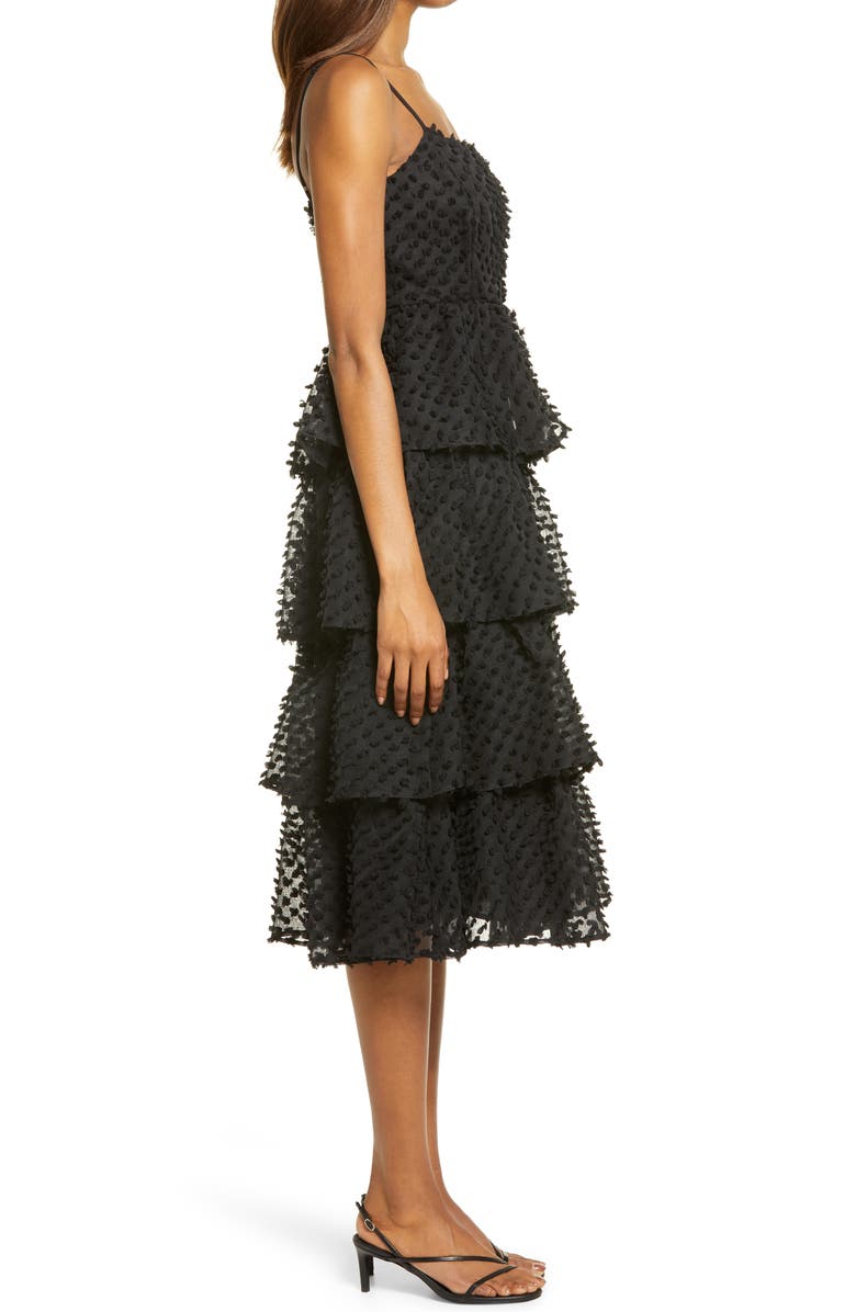 Lulus Flirting with You Pompom Tiered Ruffle Cotton Blend Dress, Alternate, color,