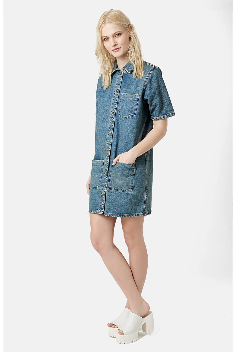 'Angel' Button Front Denim Dress, Main, color, MID DENIM