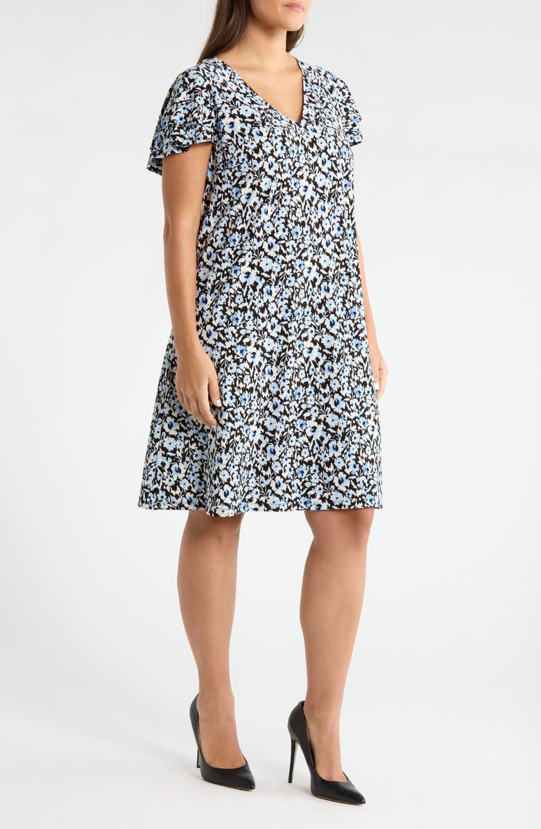 AK ANNE KLEIN Floral Double Flutter Sleeve Dress, Alternate, color, Blue Yonder Multi