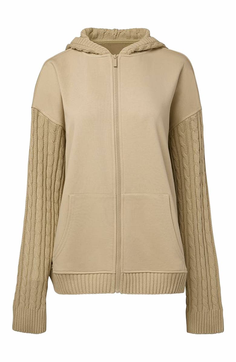 WeWoreWhat Cable Knit Sleeve Zip Up Hoodie, Main, color, Taupe