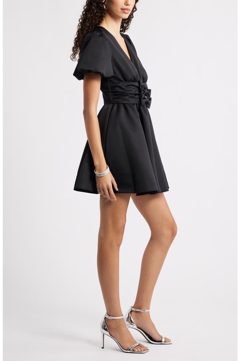 Bow Detail Puff Sleeve Minidress, Alternate, color, BLACK