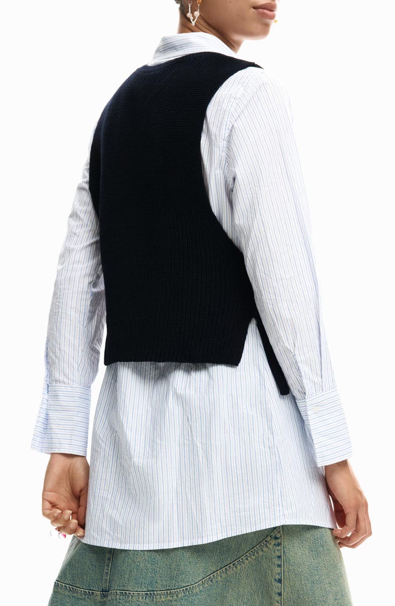 Desigual Stripe Woven Shirt & Sweater Vest, Alternate, color, Black
