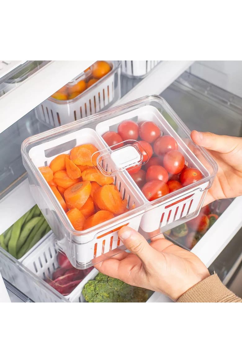 Clear Stackable Fridge Organizer Bin with Drain Basket and Vented Lid, 2.3 Quart Capacity, Alternate, color, Clear with White Drainer