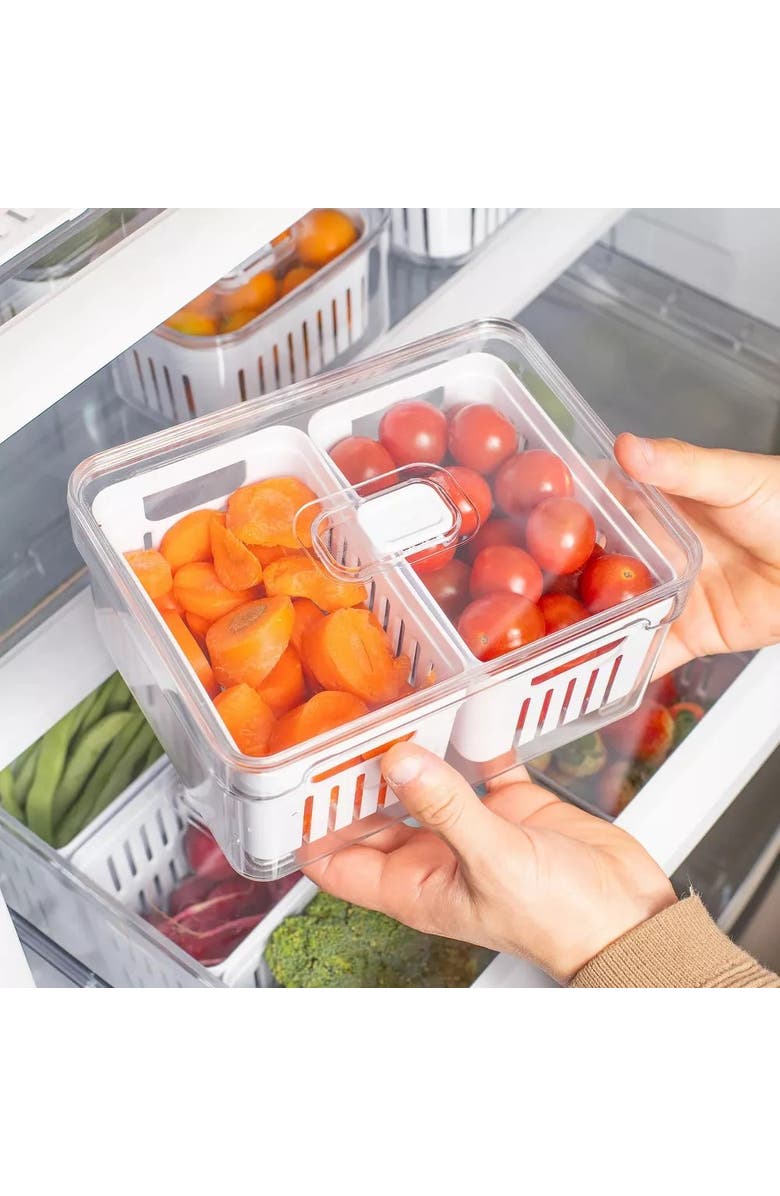 OU Clear Stackable Fridge Organizer Bin with Drain Basket and Vented Lid, 2.3 Quart Capacity, Alternate, color, 