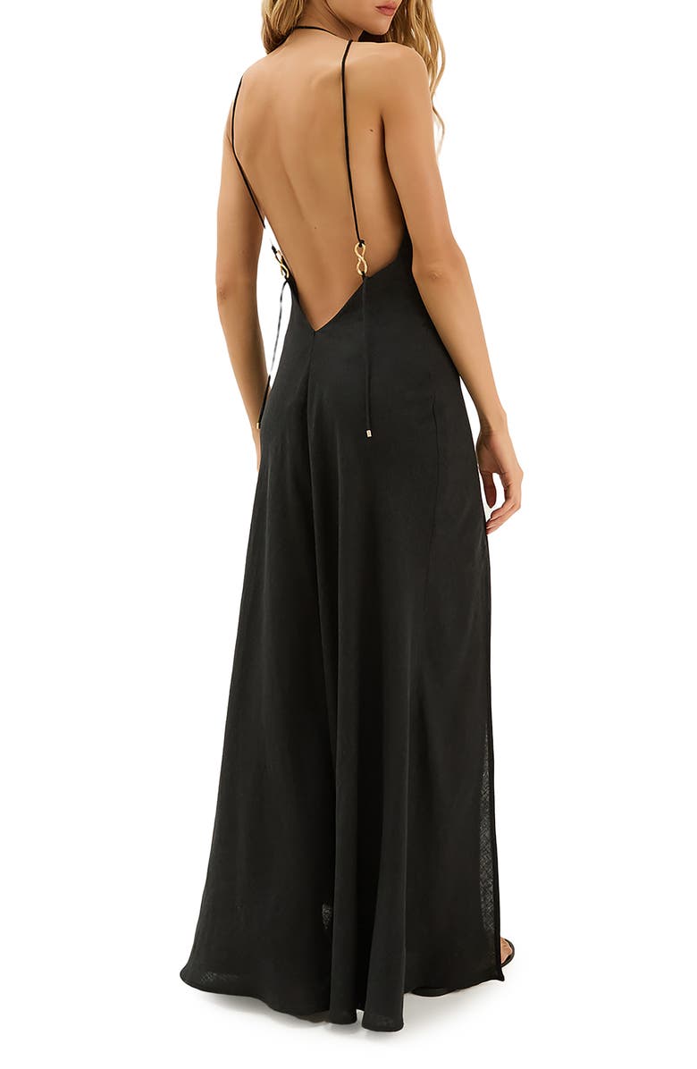 ViX Paula Hermanny Marbella Plunge Open Back Linen & Cotton Cover-Up Sundress, Alternate, color, Black