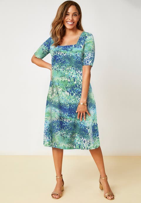 Stretch Cotton Square Neck Midi Dress (Plus Available)