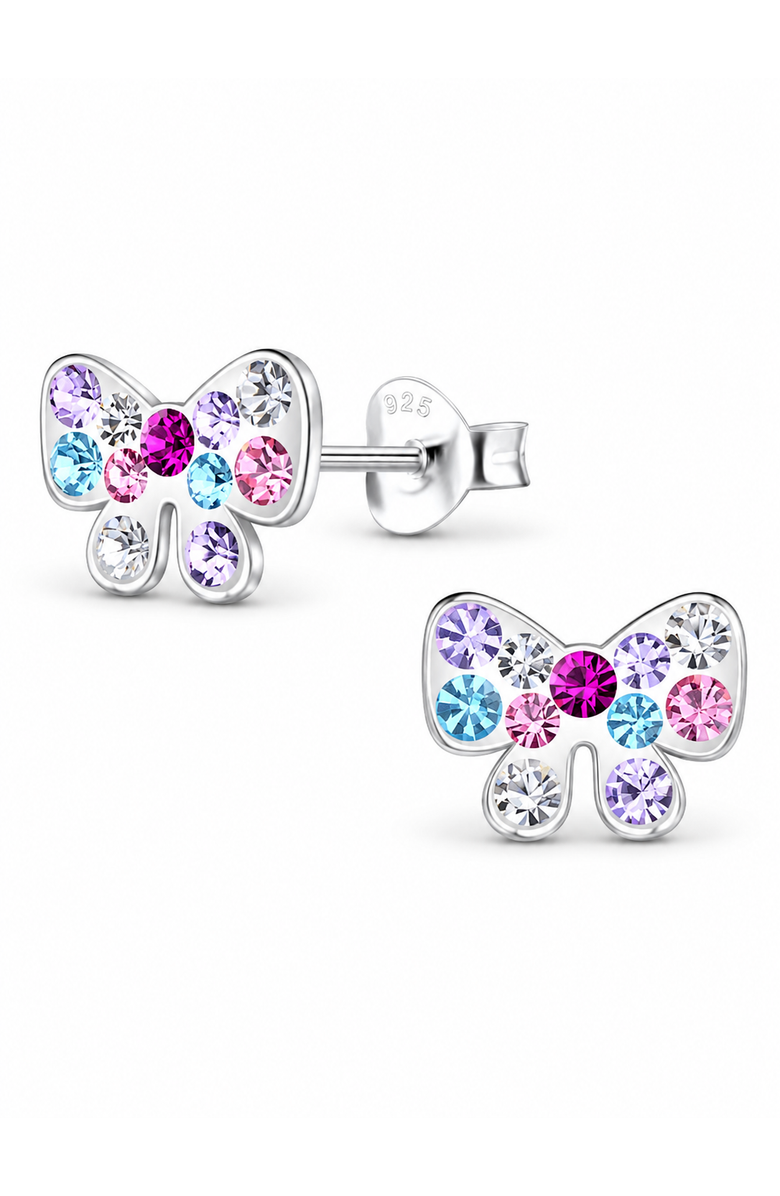 Mia Belle Girls Sterling Silver Stud Earrings Sparkling Bow, Main, color, Metallic Silver