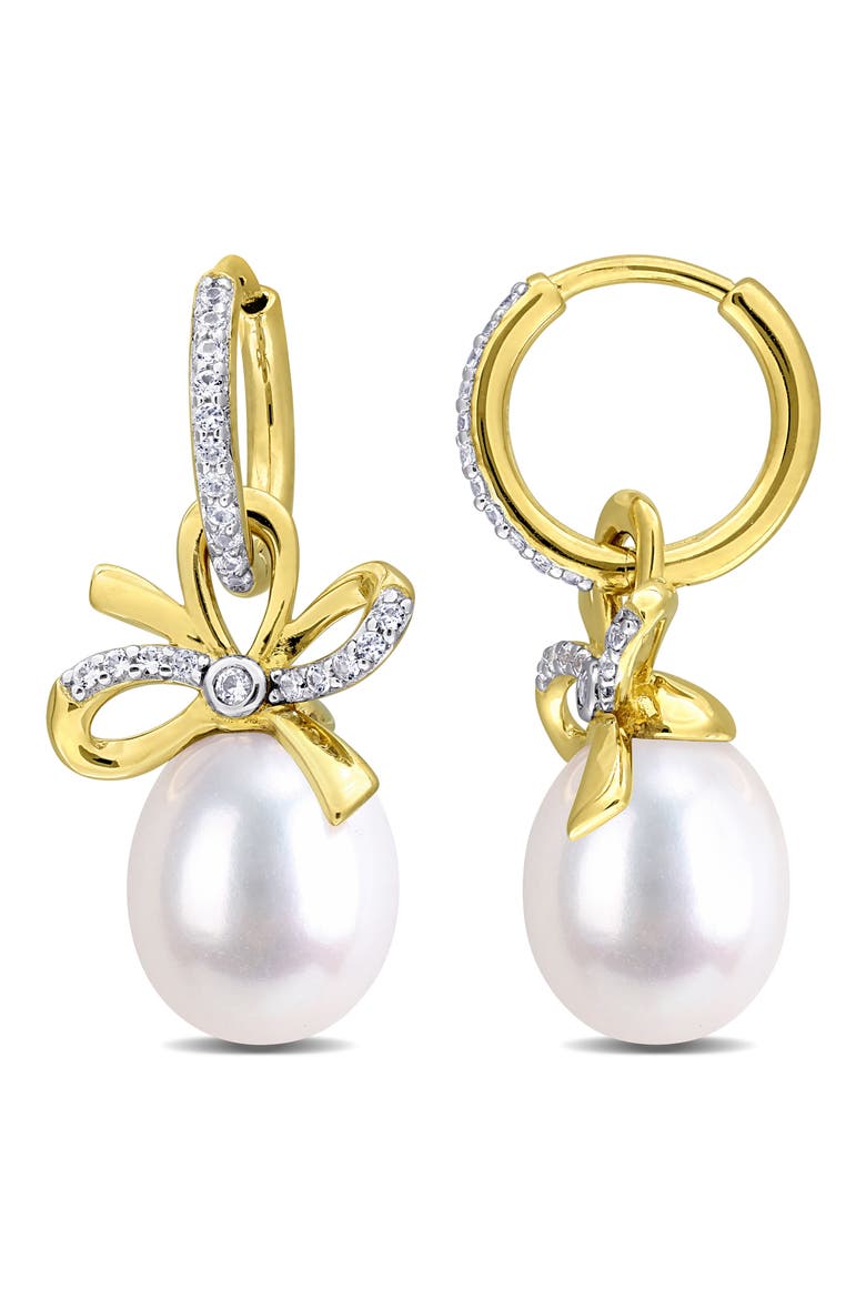 9-10mm Cultured Freshwater Pearl & White Sapphire Hoop Earrings - 0.42 ct., Main, color, WHITE