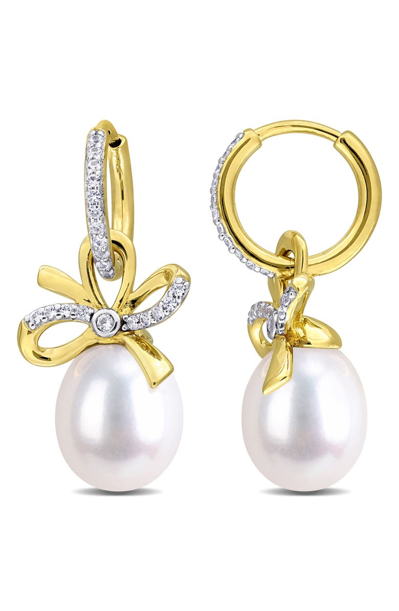 DELMAR 9-10mm Cultured Freshwater Pearl & White Sapphire Hoop Earrings - 0.42 ct., Main, color, White