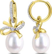 DELMAR 9-10mm Cultured Freshwater Pearl & White Sapphire Hoop Earrings - 0.42 ct.