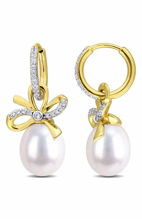 DELMAR 9-10mm Cultured Freshwater Pearl & White Sapphire Hoop Earrings - 0.42 ct.