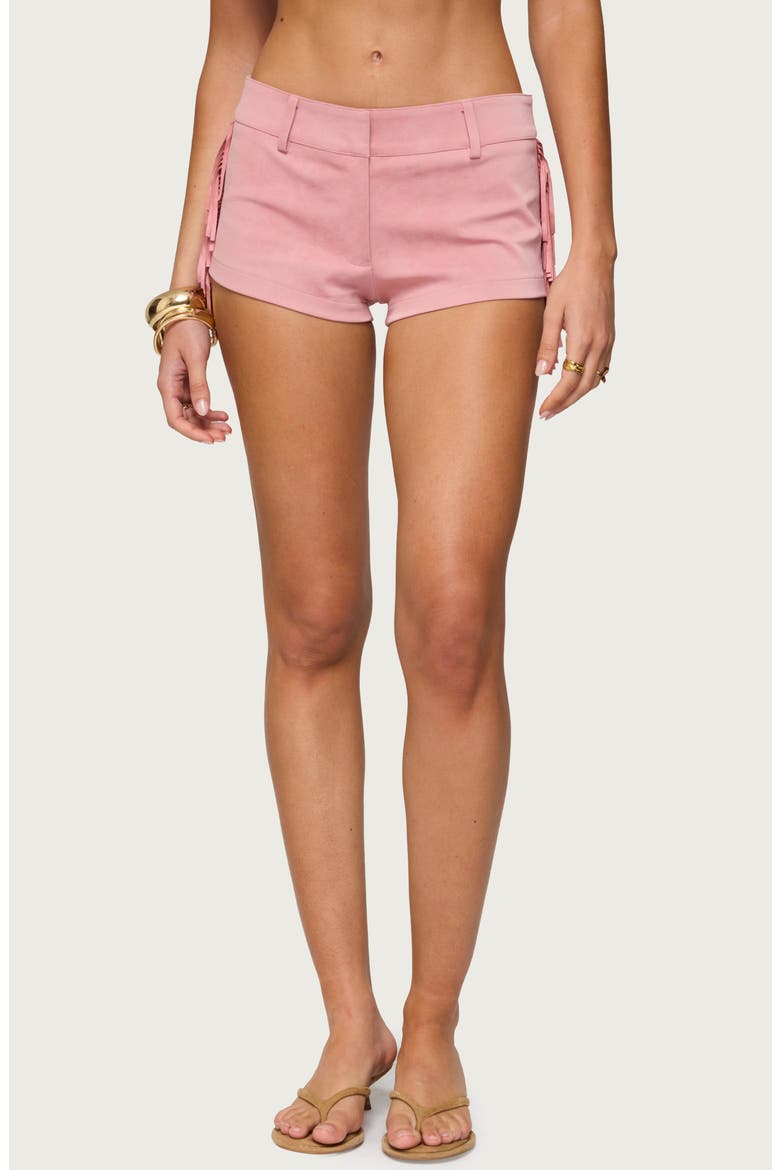 Sapir Low Rise Fringe Faux Suede Microshorts, Main, color, PINK