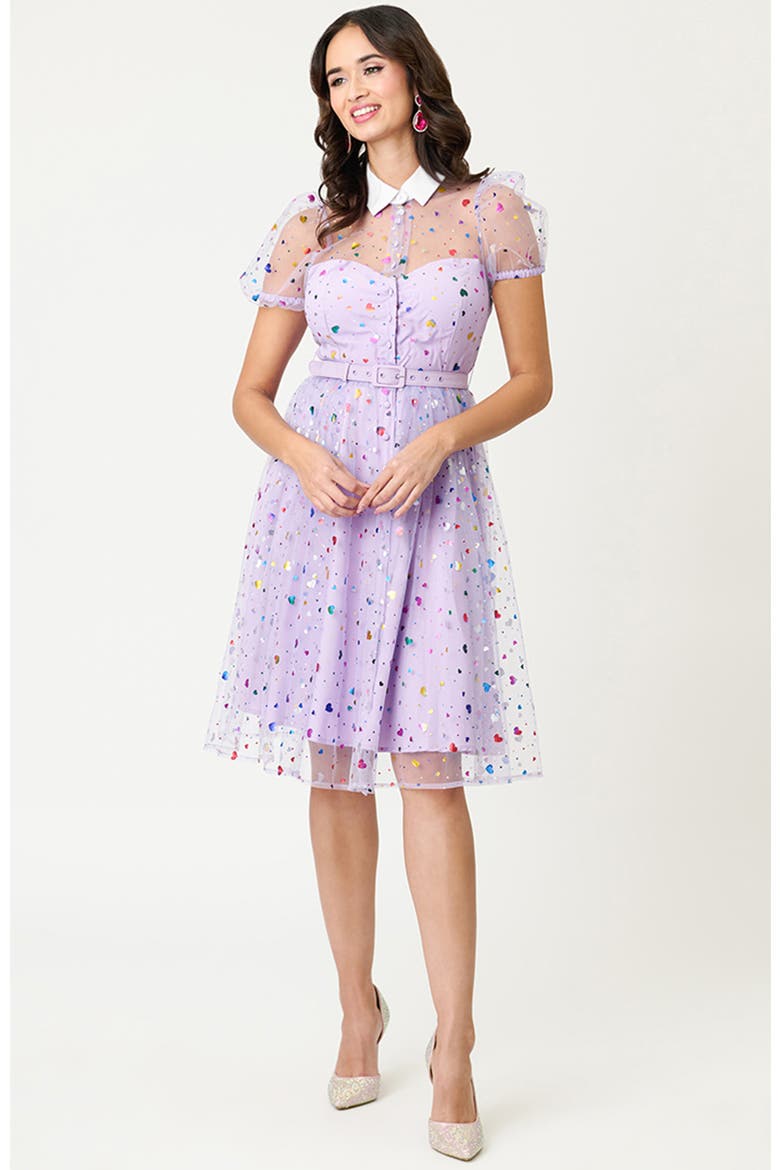 1950s Short Sleeve Collared Hollie Swing Dress, Alternate, color, Purple Heart Confetti
