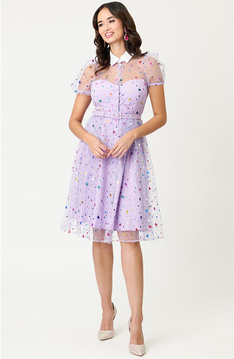 Unique Vintage 1950s Short Sleeve Collared Hollie Swing Dress, Alternate, color, Purple Heart Confetti