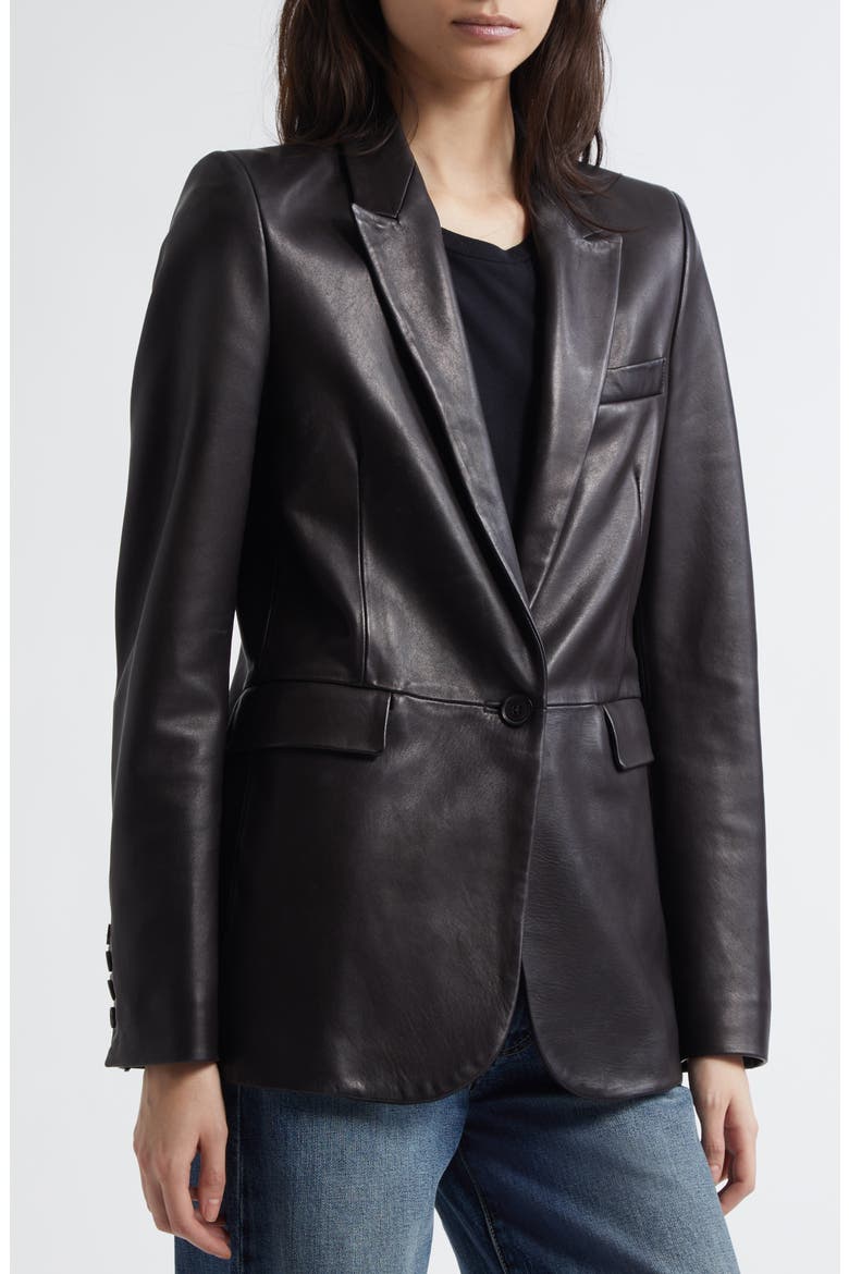 Belmonde One-Button Lambskin Leather Blazer, Alternate, color, BLACK