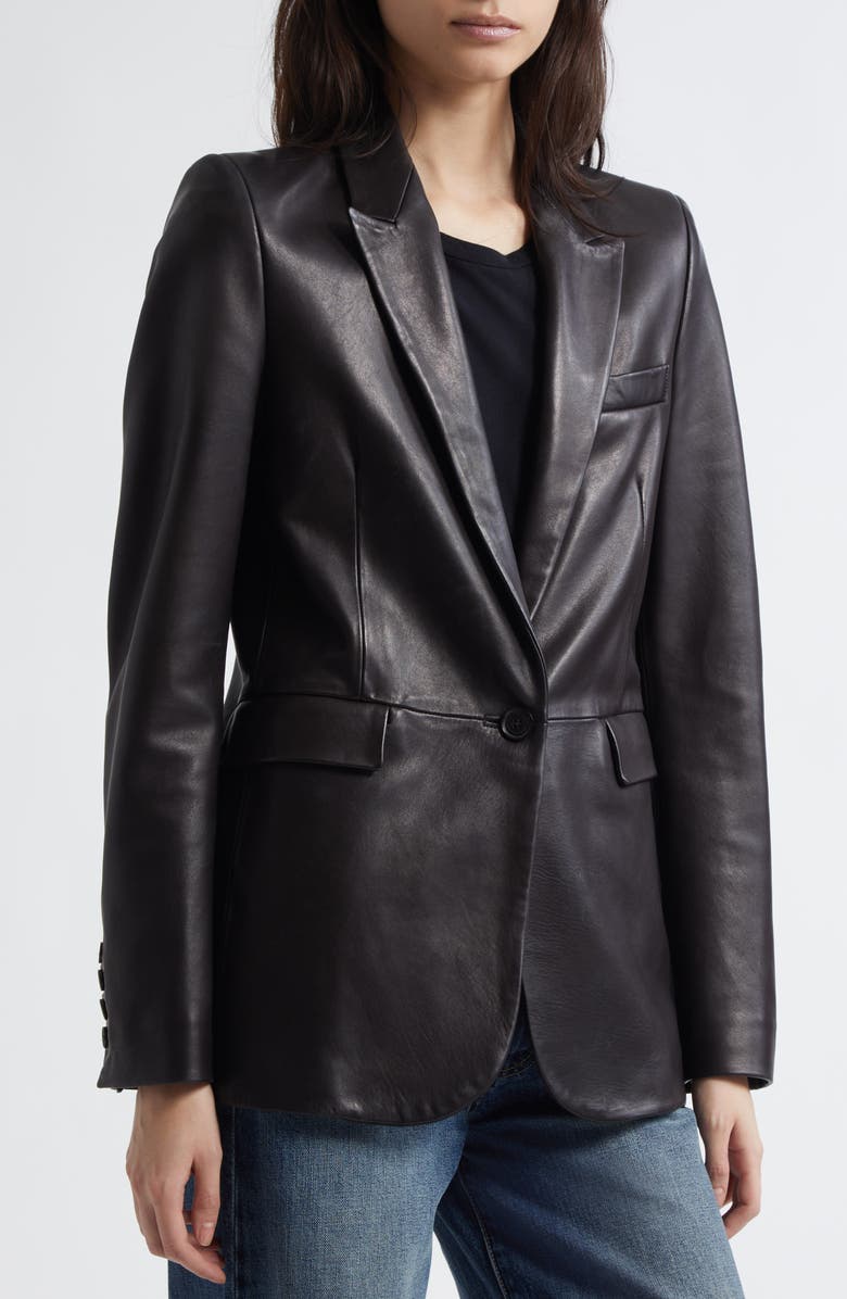 Nili Lotan Belmonde One-Button Lambskin Leather Blazer, Alternate, color, Black
