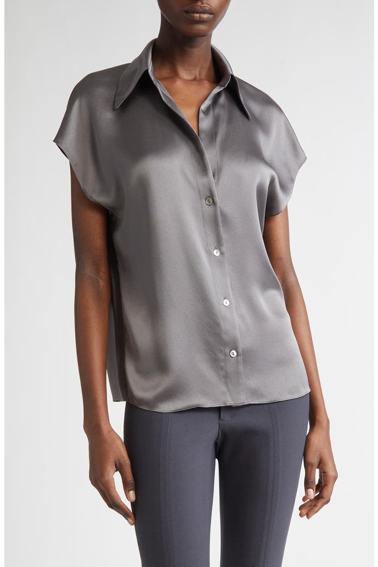 Cap Sleeve Gathered Back Short Sleeve Silk Button-Up Shirt, Main, color, WOLF