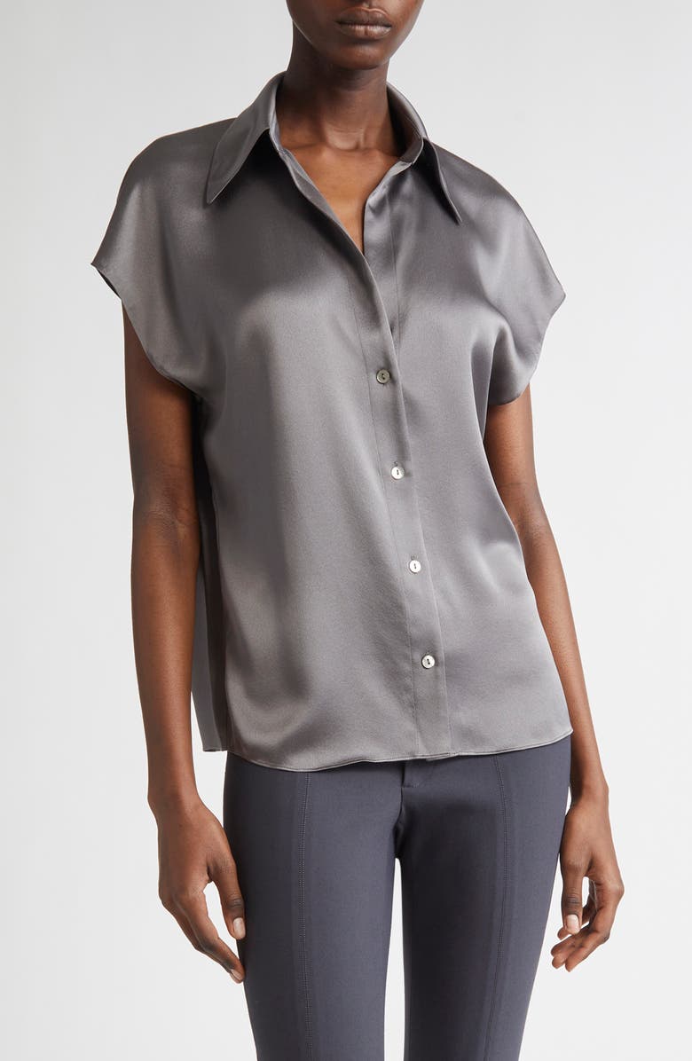 Vince Cap Sleeve Gathered Back Short Sleeve Silk Button-Up Shirt, Main, color, Wolf