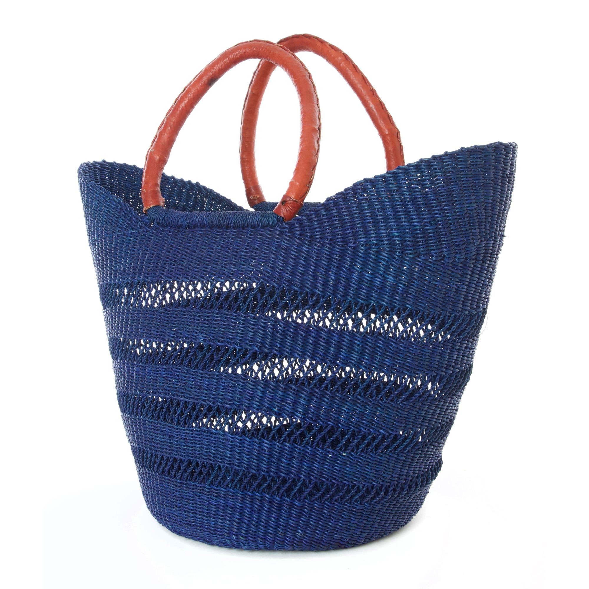 African Modern Ghanaian Lacework Wing Shopper with Leather Handles, Alternate, color, Navy
