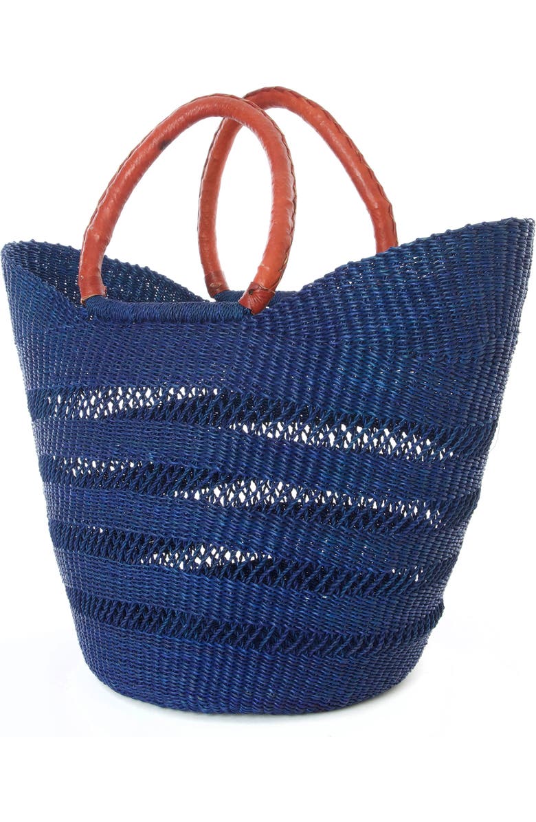 African Modern Ghanaian Lacework Wing Shopper with Leather Handles, Alternate, color, Navy