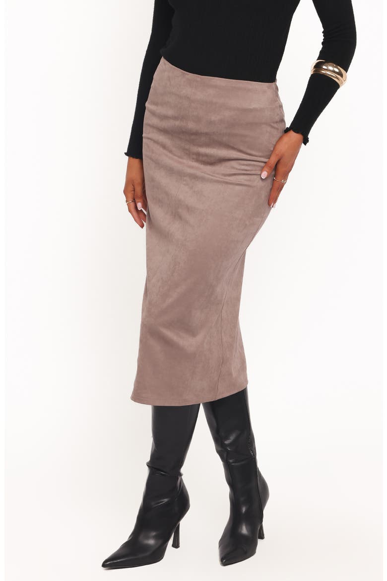 Una Faux Suede Midi Skirt, Alternate, color, MUSHROOM