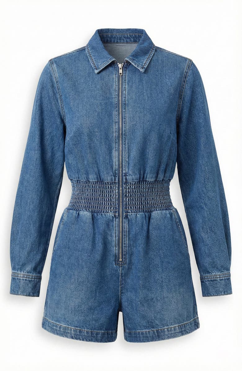 Modenaire Zip Front Romper with Smocked Waist and 3/4 Sleeves, Alternate, color, Blue