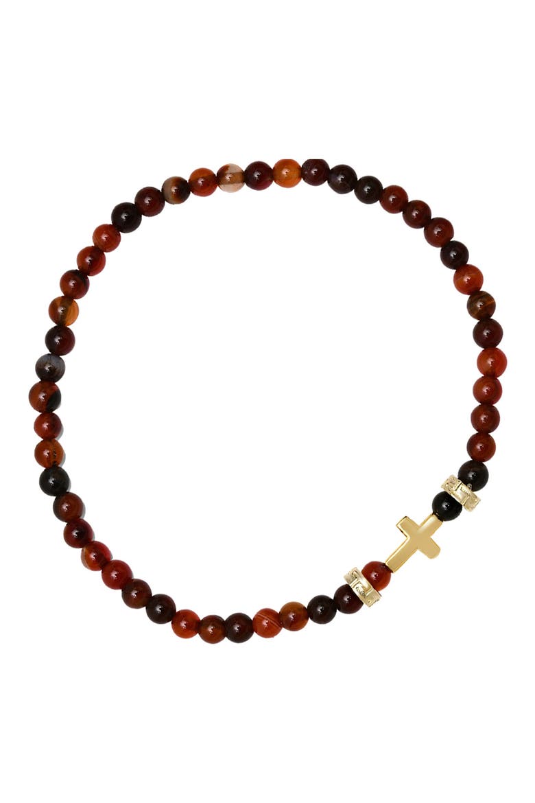 Men's Cross Charm Red Agate Beaded Stretch Bracelet, Alternate, color, GOLD/ RED/ BLACK