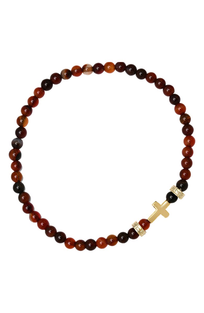 HMY JEWELRY Men's Cross Charm Red Agate Beaded Stretch Bracelet, Alternate, color, Gold/ Red/ Black