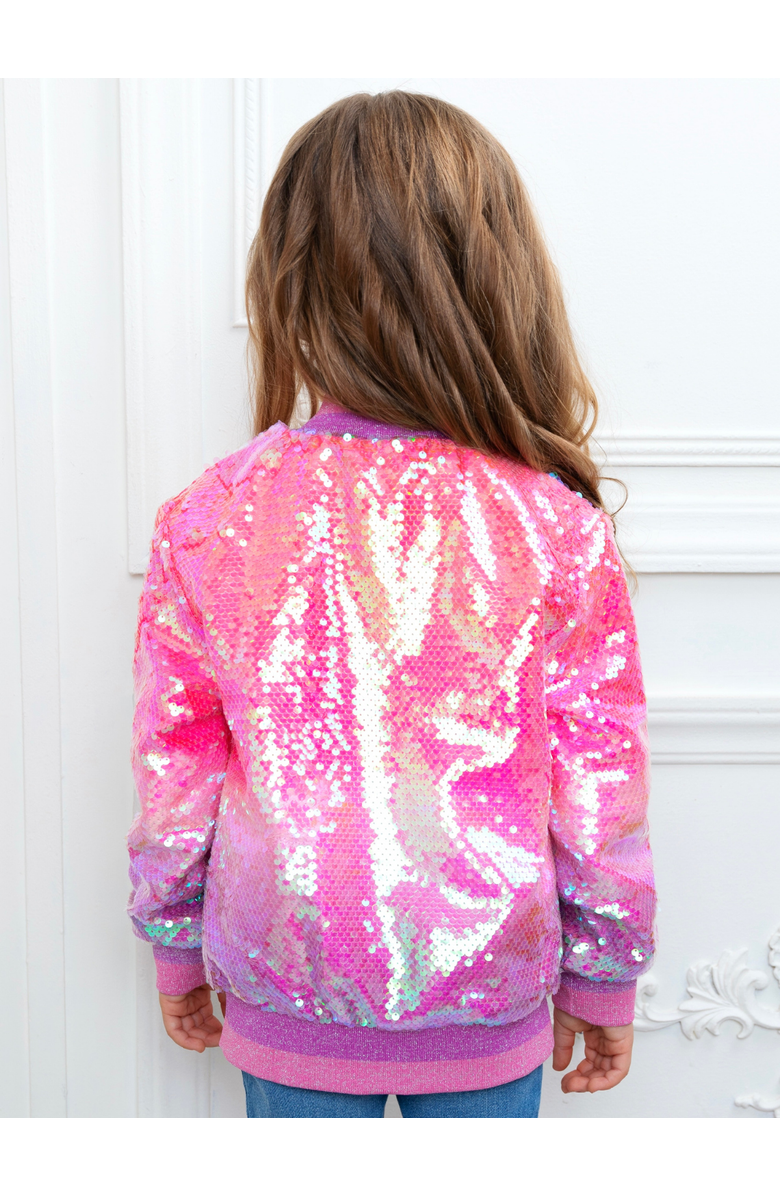 Mia Belle Girls Starlight Sparkle Iridescent Sequin Bomber Jacket, Alternate, color, Pink
