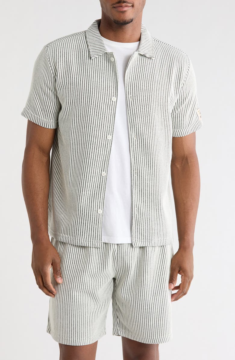 FLEECE FACTORY Rib Stripe Button-Up Shirt, Main, color, White/ Black