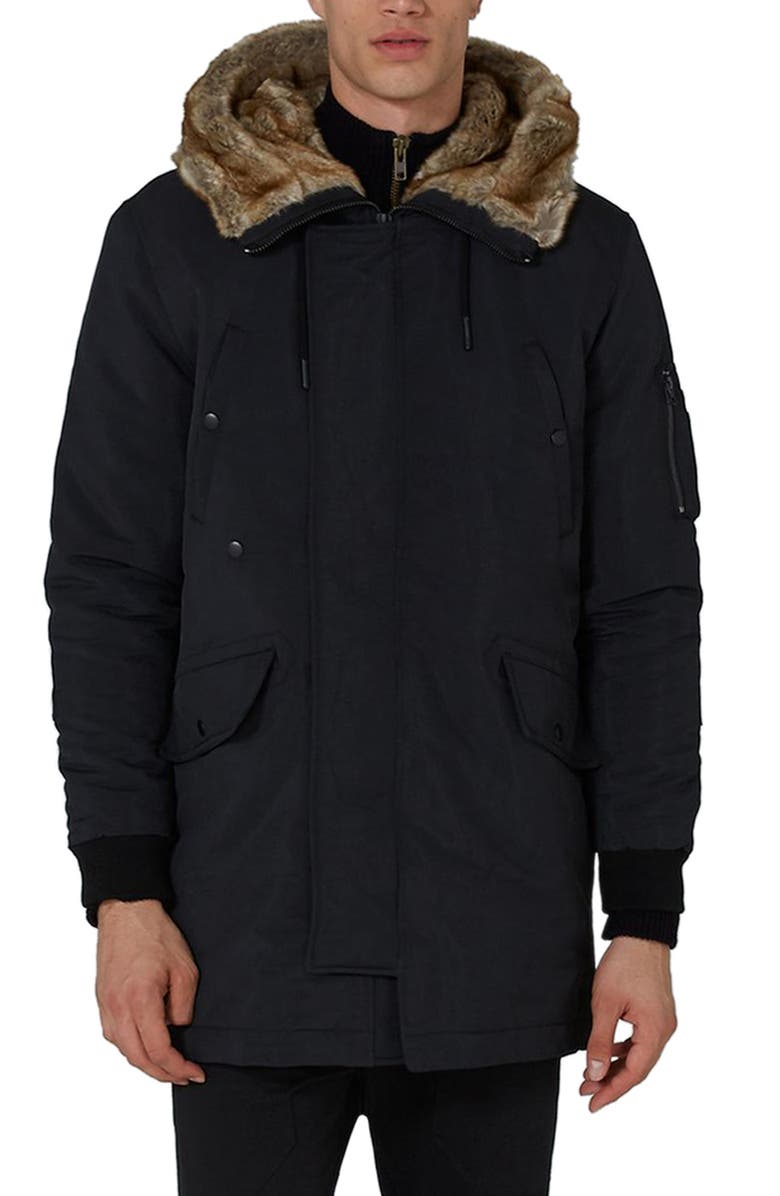 Topman Faux Fur Lined Parka, Main, color,