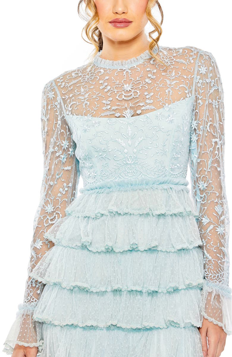 Mac Duggal Embroidered Long Sleeve Ruffled Tiered Dress, Alternate, color, Seafoam