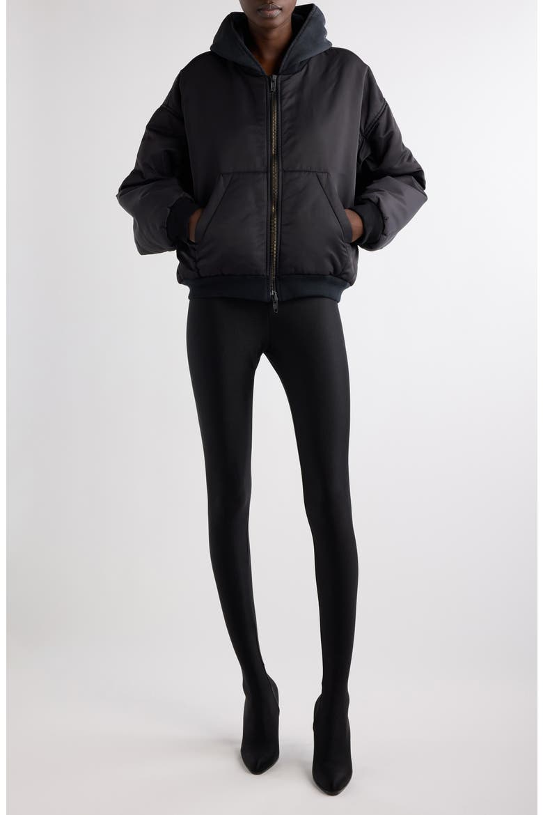 Hooded Nylon Bomber Jacket, Main, color, BLACK