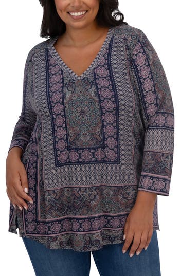 Lucky Brand Border Print Top In Black