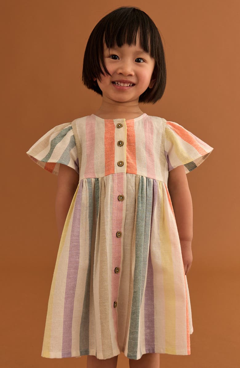 Kids' Rainbow Stripe Flutter Sleeve Cotton & Linen Dress