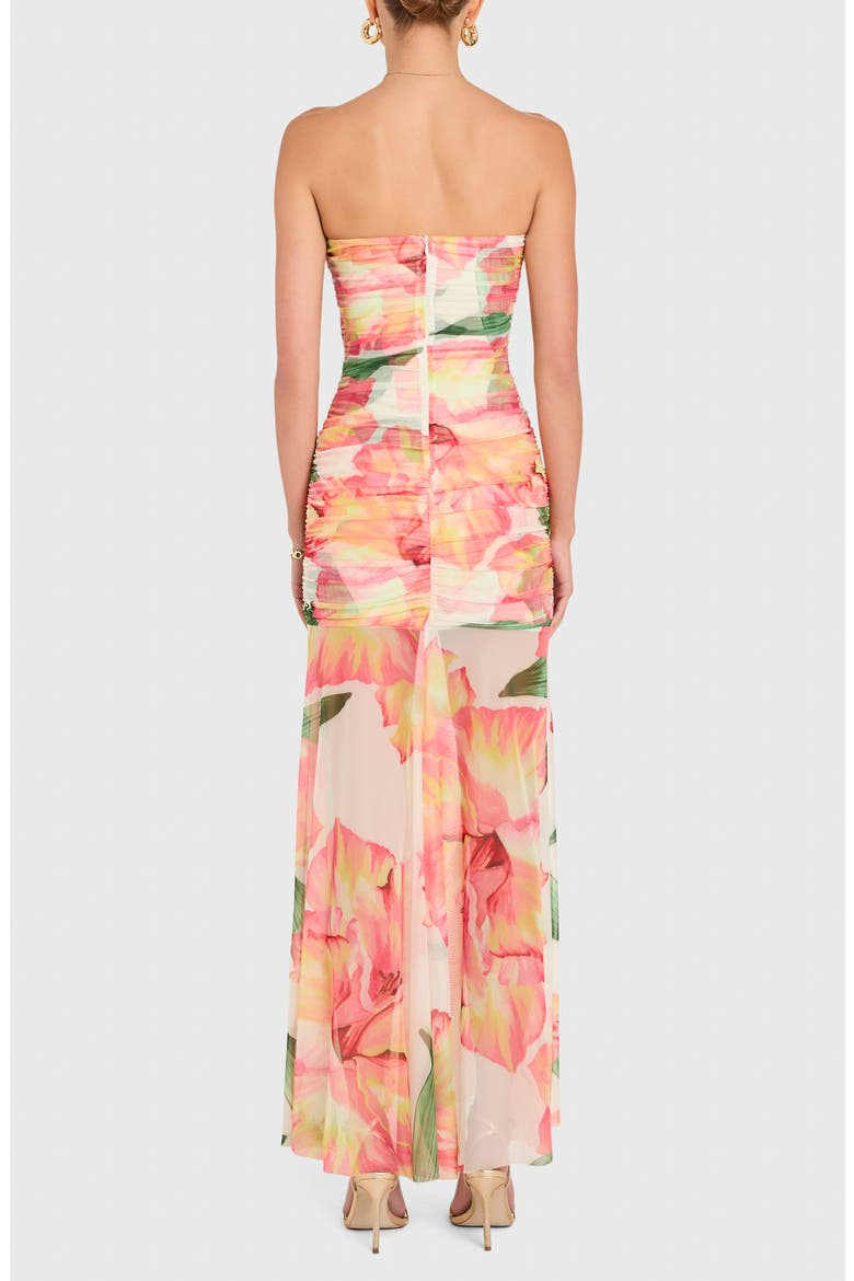 Leo Floral Ruched Strapless Maxi Dress, Alternate, color, PINK HIBISCUS