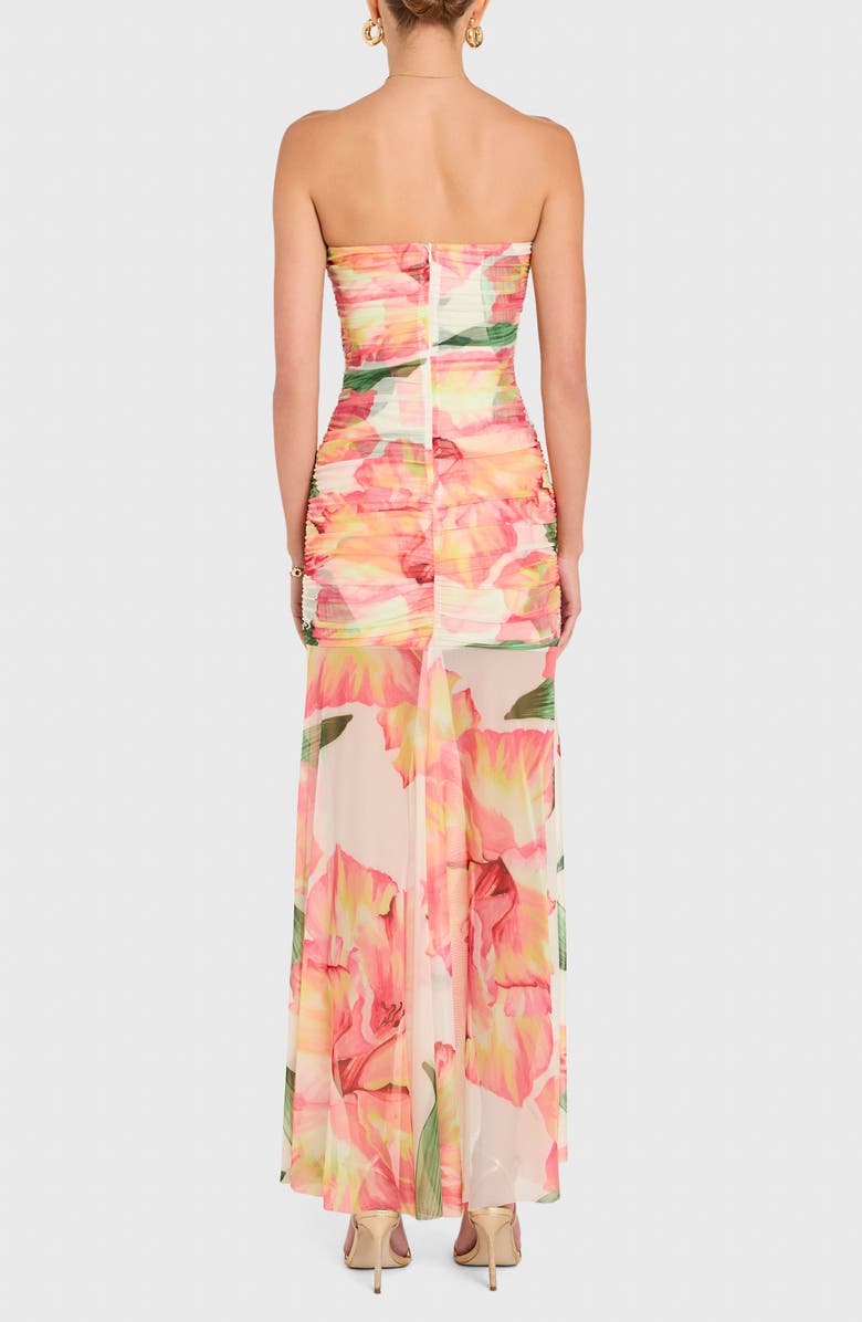 Amanda Uprichard Leo Floral Ruched Strapless Maxi Dress, Alternate, color, Pink Hibiscus