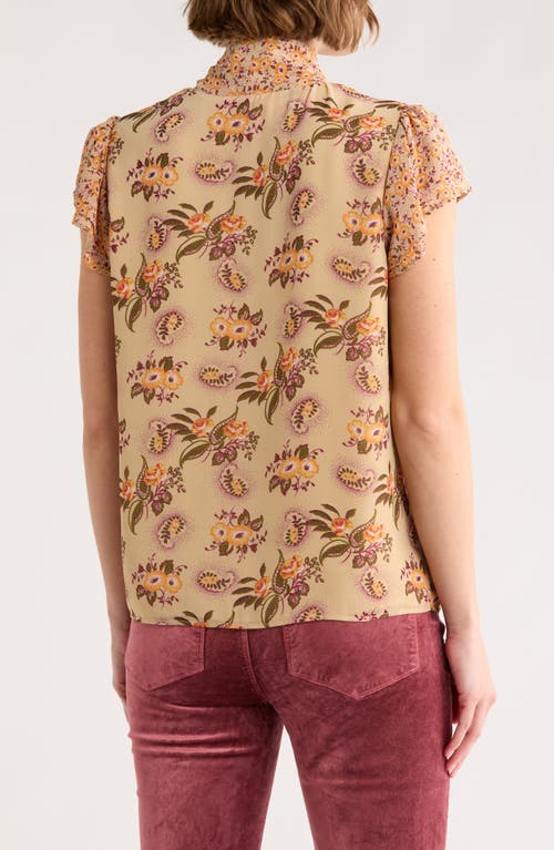 Dr2 By Daniel Rainn Floral Tie Neck Flutter Sleeve Top In Neutral