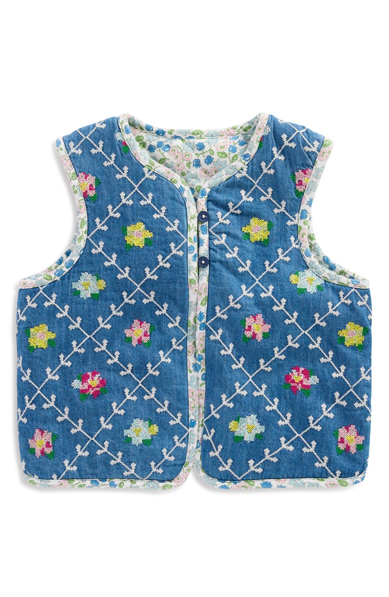 Mini Boden Kids' Reversible Quilted Vest, Main, color, Embroidered Denim