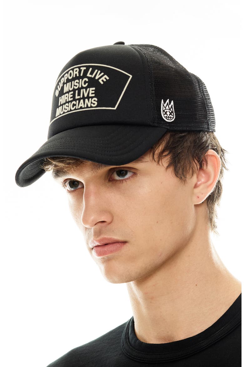 Support Live Music Trucker Hat, Alternate, color, BLACK