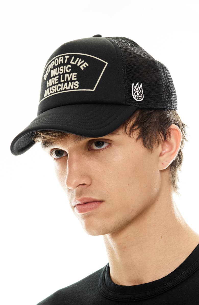 Cult of Individuality Support Live Music Trucker Hat, Alternate, color, Black