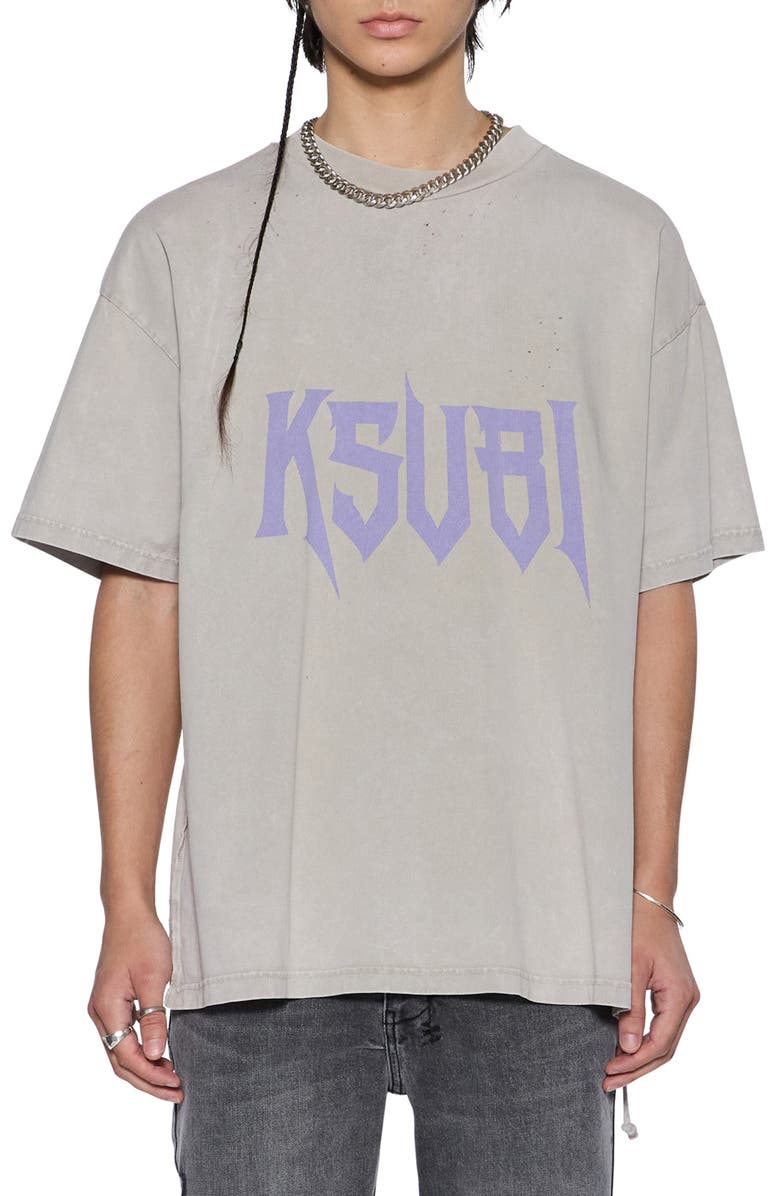 Ksubi Blasted Ekcess Oversize Distressed Graphic T-Shirt, Main, color, Washed Grey