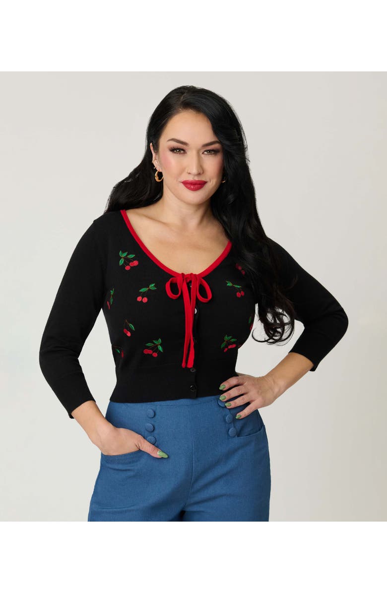 Unique Vintage 1950s Crop Knit Cardigan, Main, color, Black W/Cherries