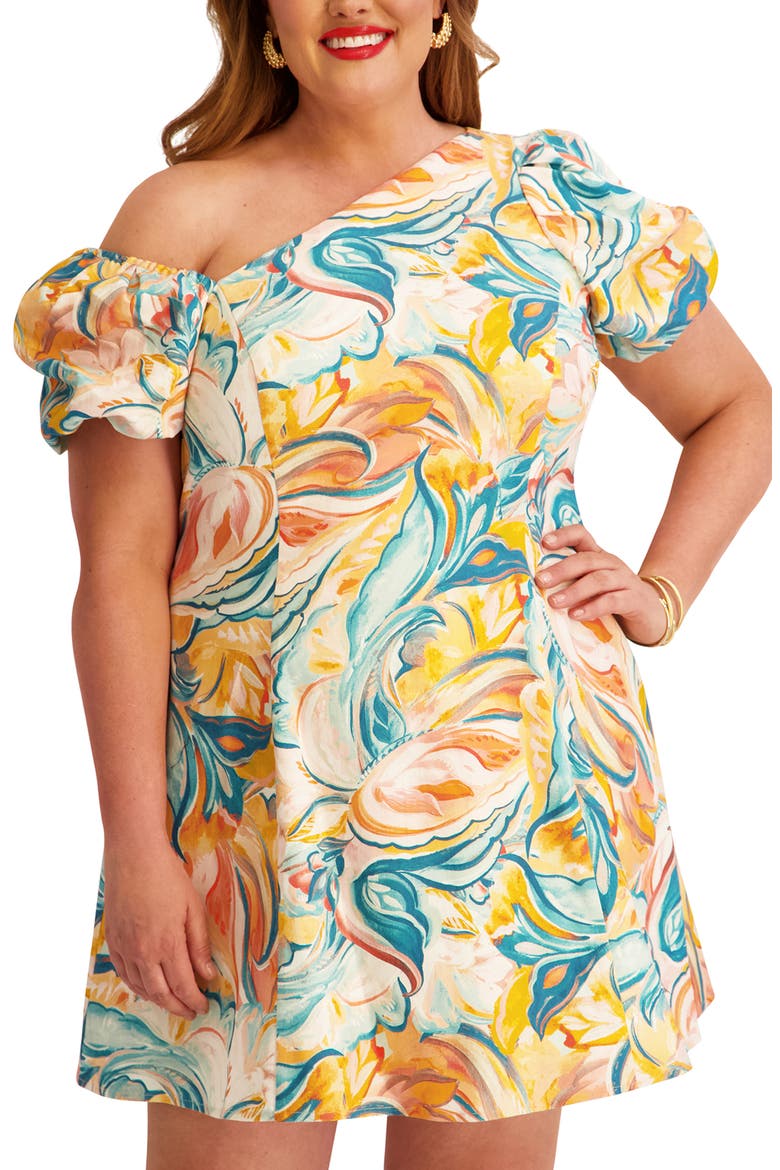 One-Shoulder Puff Sleeve Fit & Flare Dress, Alternate, color, IVORY MULTI