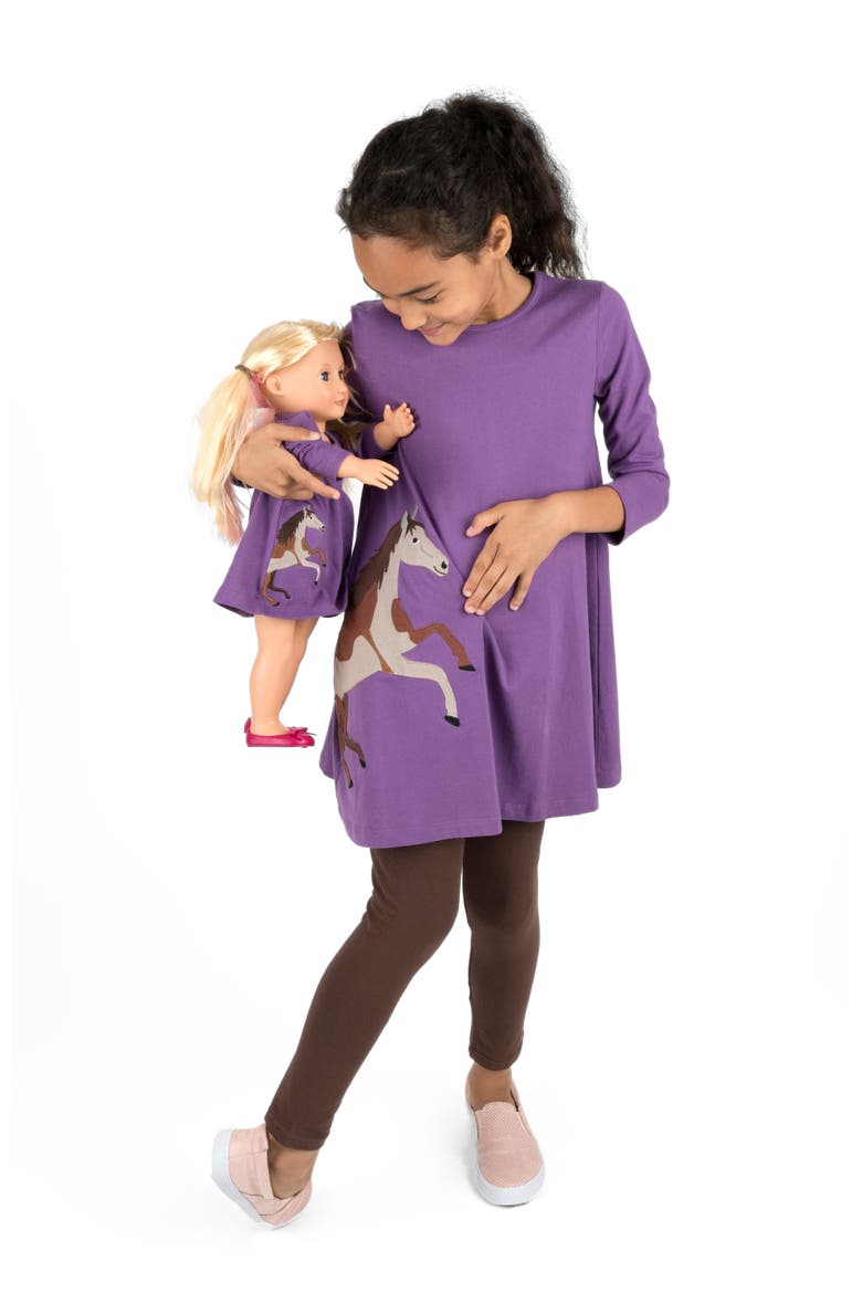 Girls Cotton Dress with Matching Doll Dress, Printed Design, Alternate, color, HORSE