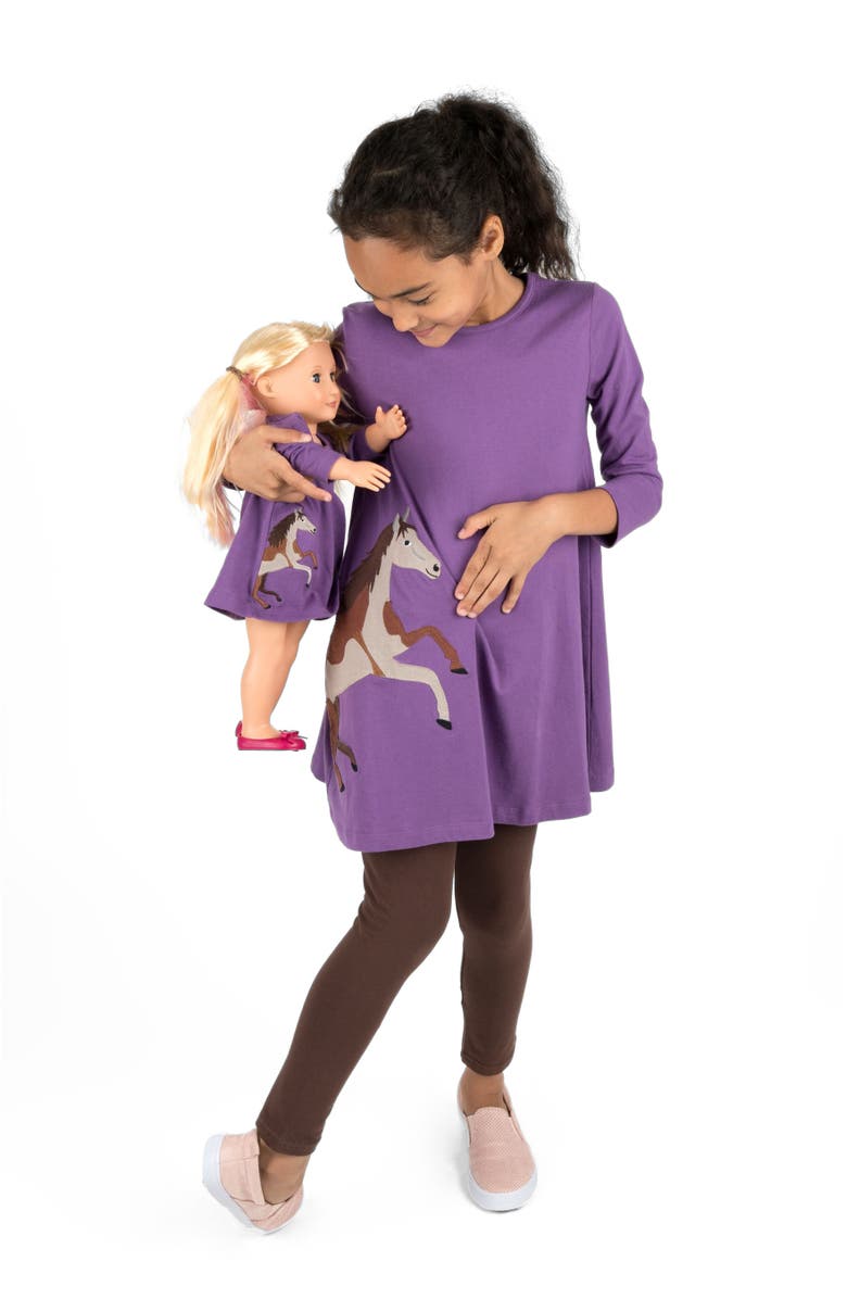 Leveret Girls Cotton Dress with Matching Doll Dress, Printed Design, Alternate, color, Horse