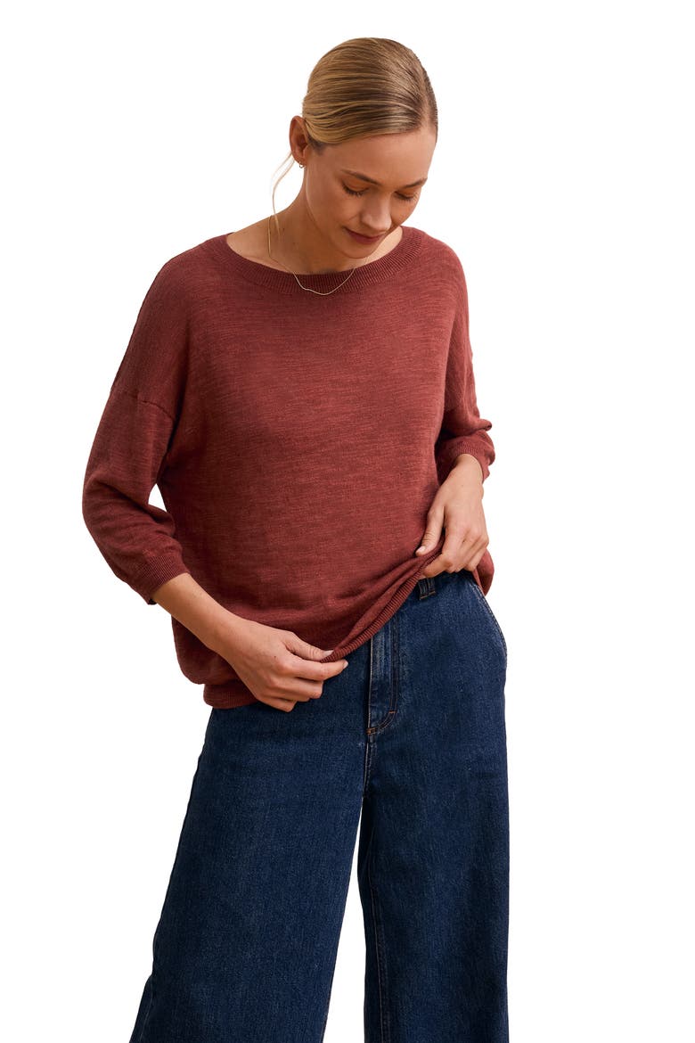 3/4 Sleeve Linen Blend Crew Neck Top, Main, color, Clay