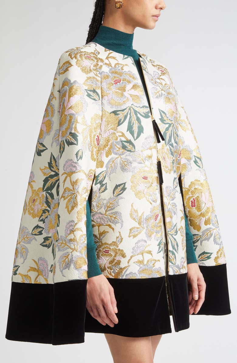 Carolina Herrera Floral Jacquard & Velvet Cape, Alternate, color, Ivory Multi