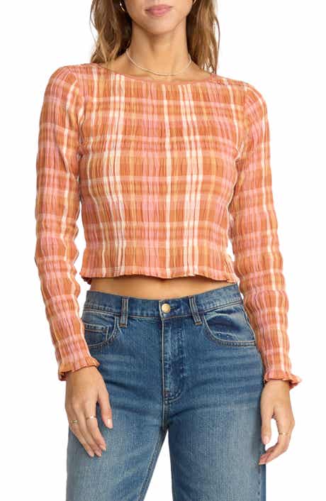 Billabong Check Me Out Plaid Smocked Crop Stretch Cotton Top