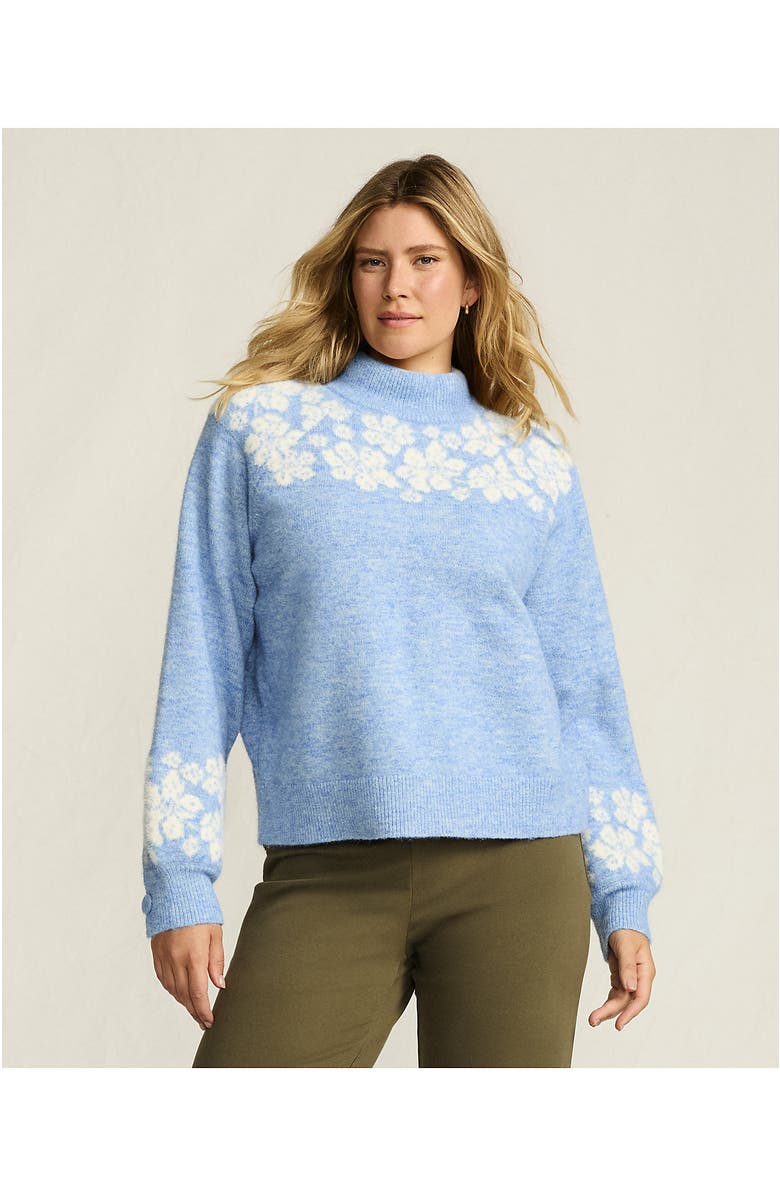 Lands' End Fuzzy Turtleneck Lantern Sleeve Jacquard Sweater, Alternate, color, Clear Blue Sky Heather